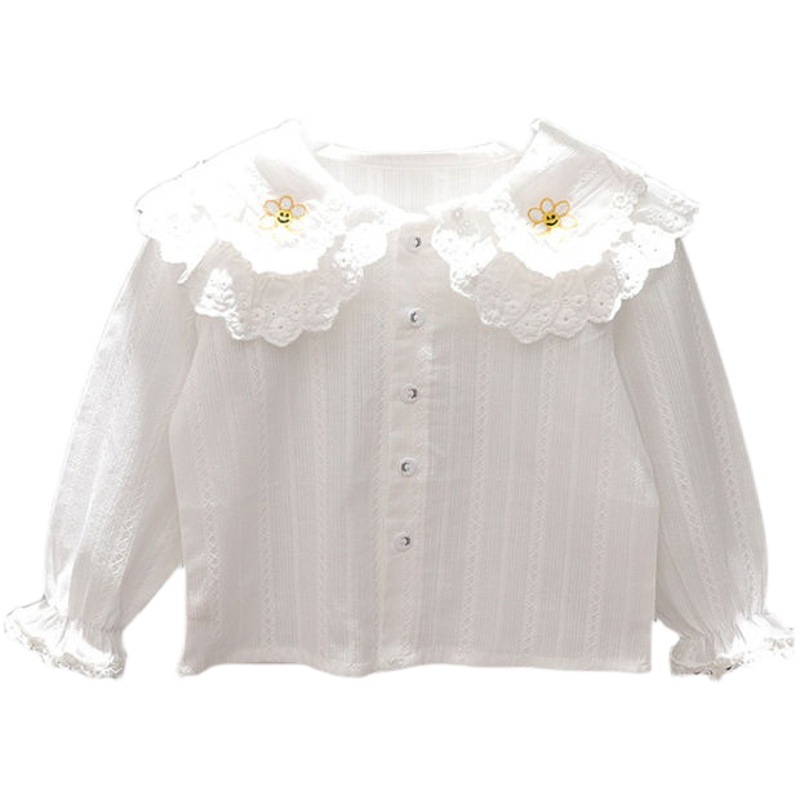 2024 otoño nuevo estilo bebé niña niños estilo coreano doble capa encaje cuello camisa que basa la camisa superior