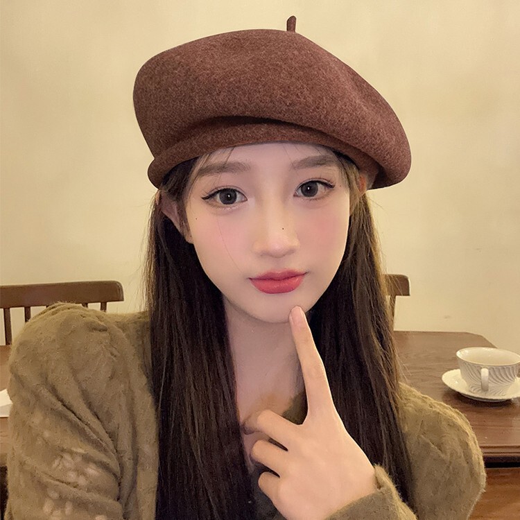 新款立体卷边贝雷帽子女款百搭秋冬潮流羊毛帽保暖毛绒画家帽批发|undefined