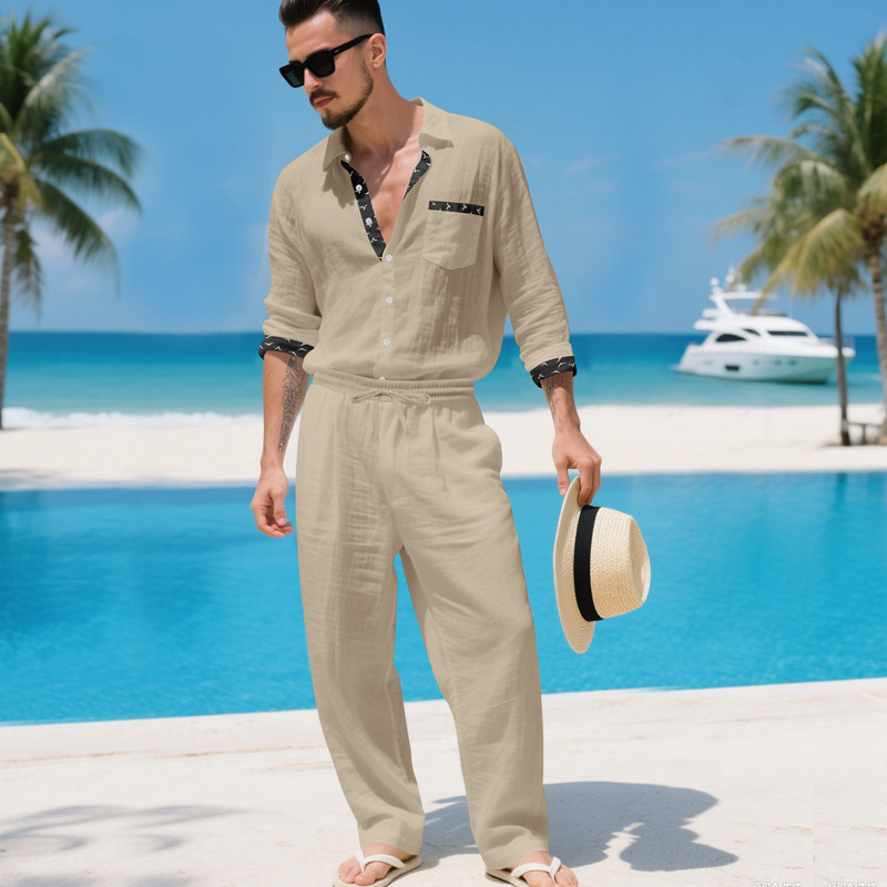 Completo autunnale da uomo in lino, camicia casual da uomo in stile old money, pantaloni a maniche lunghe, completo da uomo a due pezzi_voghion.com