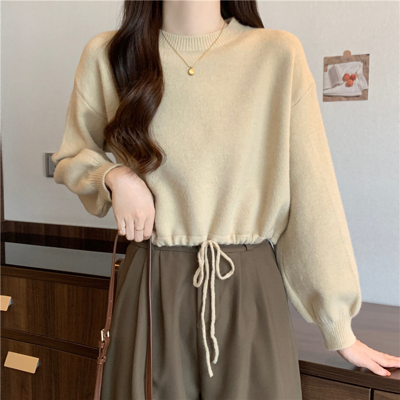 Coreano de color sólido simple perezoso estilo pequeño suéter de moda de otoño y invierno de cuello redondo cuerdas sueltas jersey de tendencia image 8