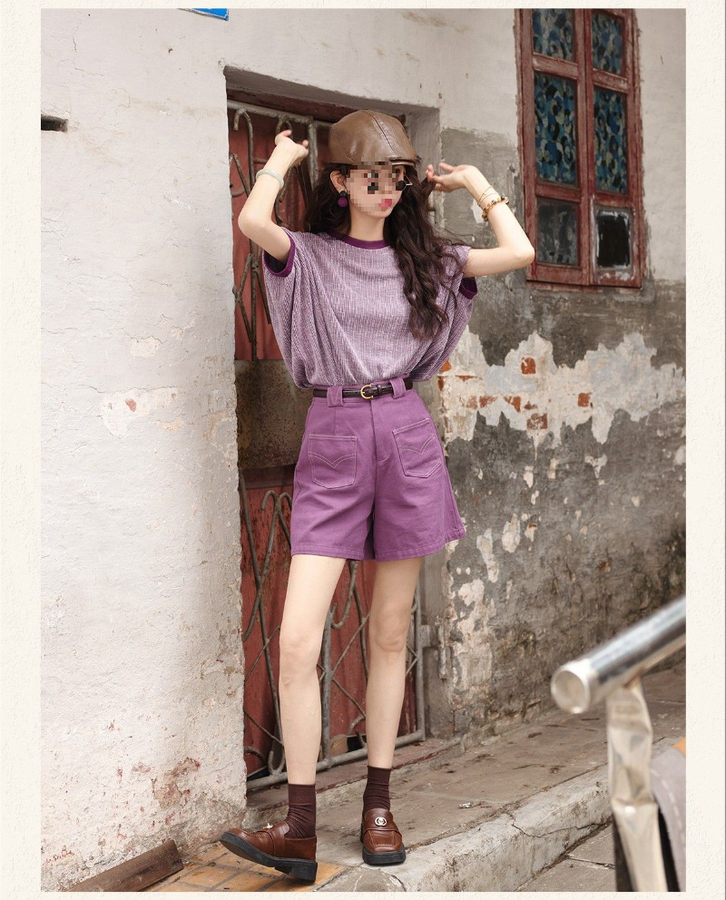 Bộ áo thun ngắn tay cổ tròn phối quần short jean ống rộng nữ — Áo ngắn tay+quần jean rộng, Áo ngắn tay, Quần jean rộng màu tím chi tiết 12