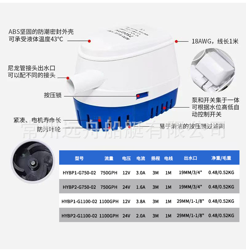 Fully automatic bilge pump for small RVs, 12V/24V marine bilge drainage pump, yacht battery bilge pump