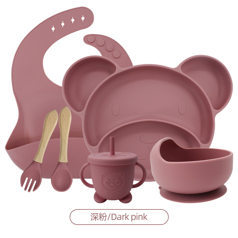 다크 핑크 6 피스 세트 (턱받이 + 작은 미키 플레이트 + 그릇 + 나무 포크 스푼 + 곰 짚 컵)