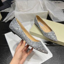 高跟鞋女2025春季新款尖头浅口亮片百搭名媛性感气质银色细跟单鞋