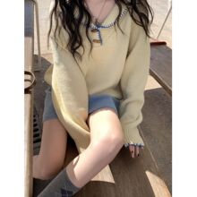 韩系甜美长袖毛衣T恤秋季新款宽松温柔纯欲风软糯小众撞色上衣ins