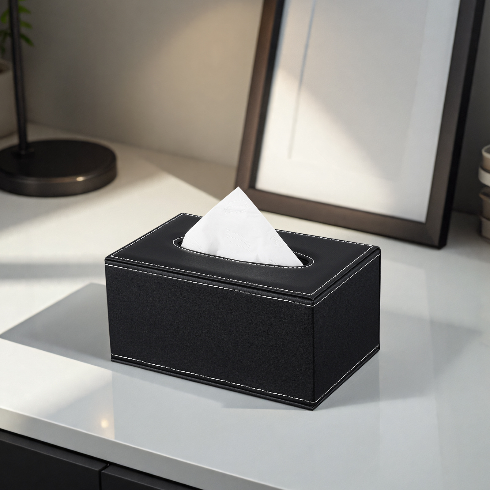 Orden Caja de pañuelos grande de cuero negro simple hotel sala de estar hogar caja de pañuelos universal caja de pañuelos de publicidad