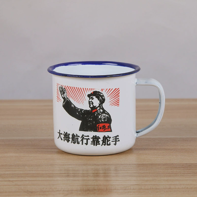 Ностальческий винтажный эмалированный цилиндрический классический стакан с крышкой, рекламный подарочный водный/чайный металл-эмалевый кувшин
