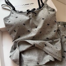 带胸垫睡衣女夏套装吊带短裤家居服简约甜美花边可外穿薄款夏季