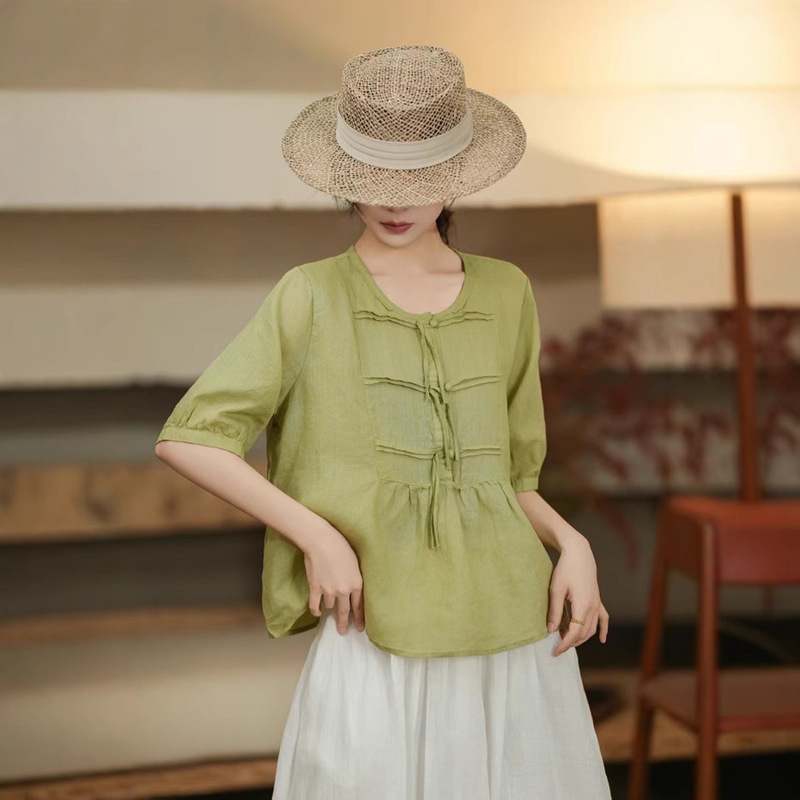 2025 New Summer Style Tassel Ribbon Design All-Inclusive Hem T-Shirt Pleated Pure Color Simple Light Baby Doll Shirt for Women