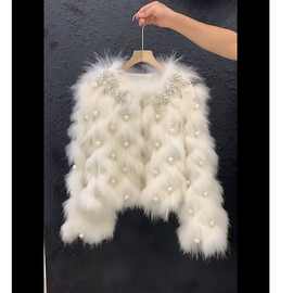 冬季新款珍珠粗纺小香风拼接毛毛皮草外套女车条气质大衣