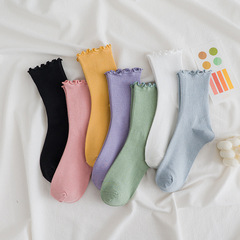 New autumn and winter fungus socks solid color cotton mid-calf socks for women cute Japanese pile socks warm lace socks wholesale