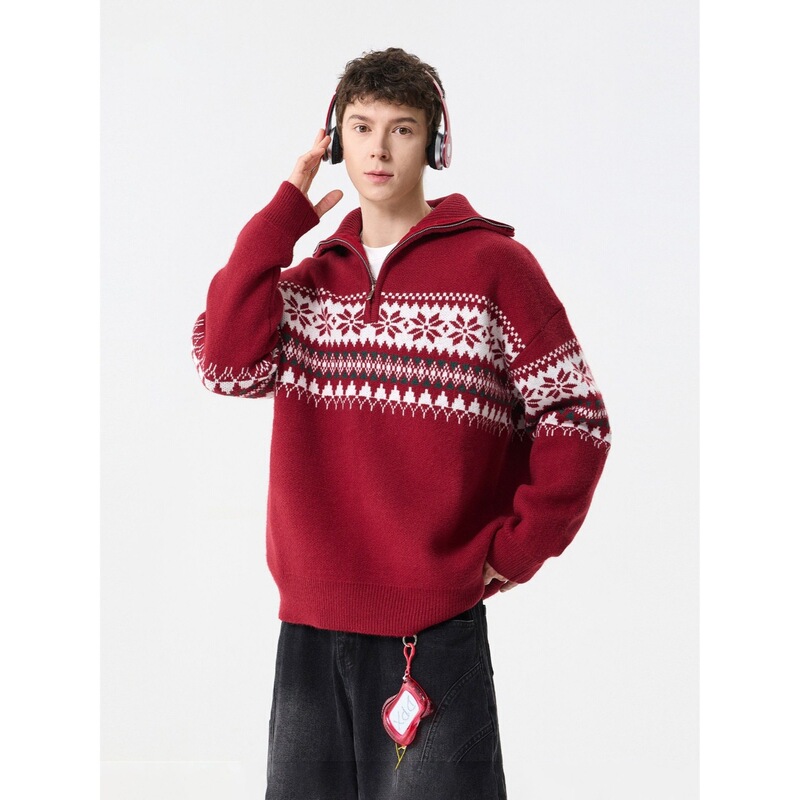 Winter American-style heavyweight turtleneck sweater, men's trendy loose-fit Christmas Fair Isle pattern knitted outerwear, trendy white