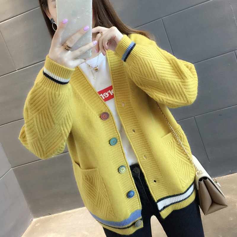 Women's Clothing Knitted Sweater V Neck All match Small Cardigan Jacket Women's Colorblock Sweater _voghion.com