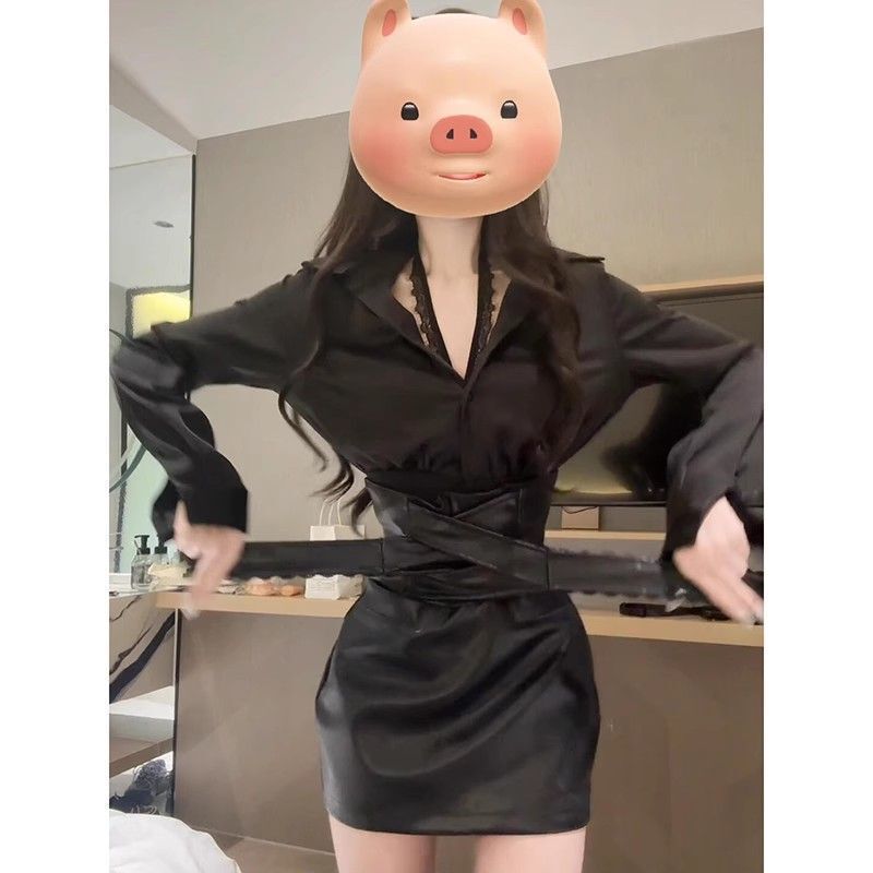 2025 Spring and Autumn Sweet and Spicy Pure Desire Sexy Hot Girl Long Sleeve Shirt Top Waist Covering Hip Half Leather Skirt Two-Piece Set 2025 Spring and Autumn Sweet and Spicy Pure Desire Sexy Hot Girl Long Sleeve Shirt Top Waist Covering Hip Half Leather Skirt Two-Piece Set