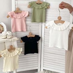 2024夏季女寶寶INS百搭韓版圓領飛袖上衣娃娃衫坑條純色T恤套裝