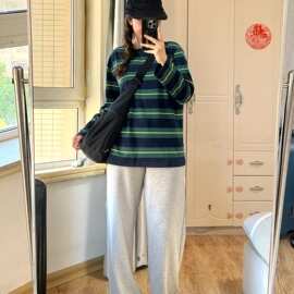 【广州休闲原版色织条】美式复古潮牌正肩条纹长袖宽松慵懒上衣