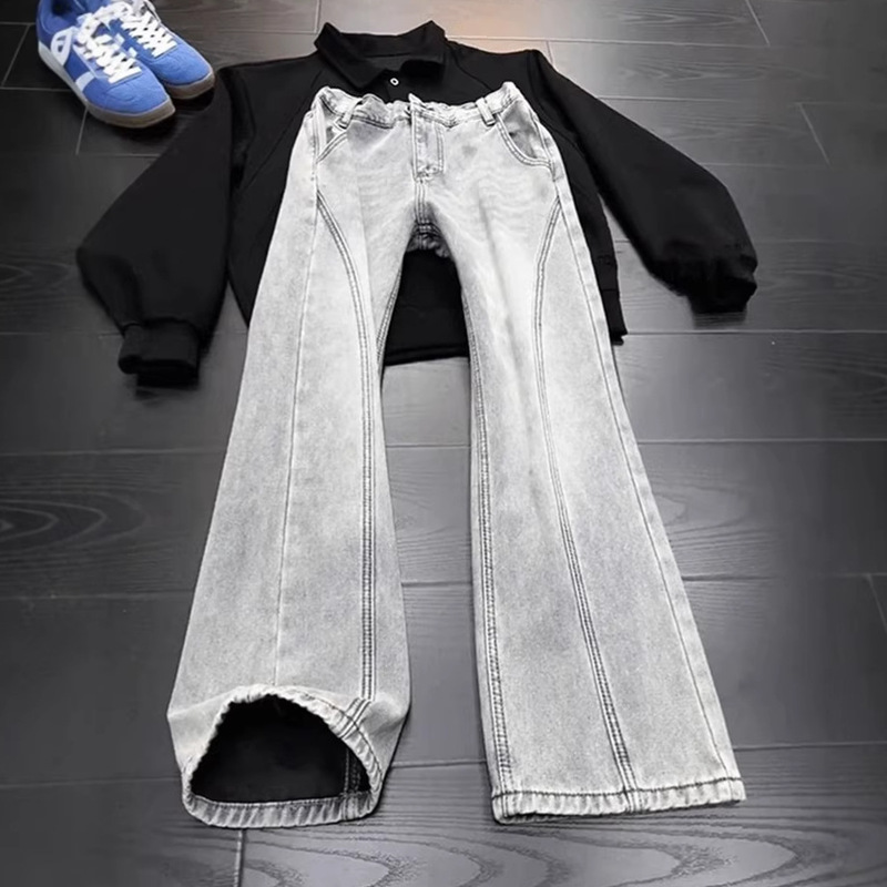 Vintage Blue Diagonal Cut Flared Jeans for Men, American High Street Vibe Pants, Cleanfit Extended Version Straight-Leg Pants