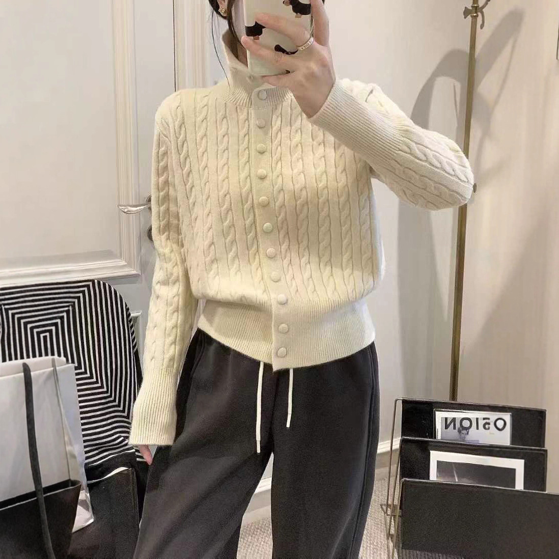 Irina 2025 New Autumn and Winter Korean Style High Collar Twist Knitted Cardigan Women's Design Pure Color Western Style Sweater