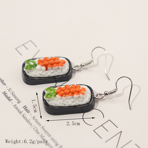 Japanese Harajuku style creative food and toys personalized simulation salmon sushi earrings cross-border funny foodie earrings