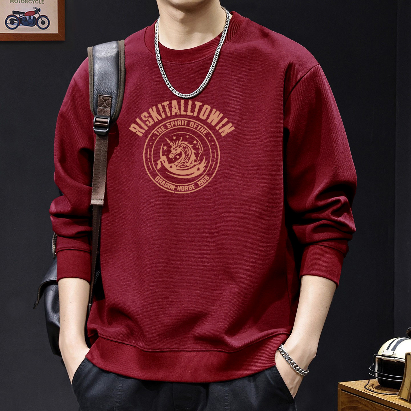 Camisa de cuello redondo rojo vino - 6355