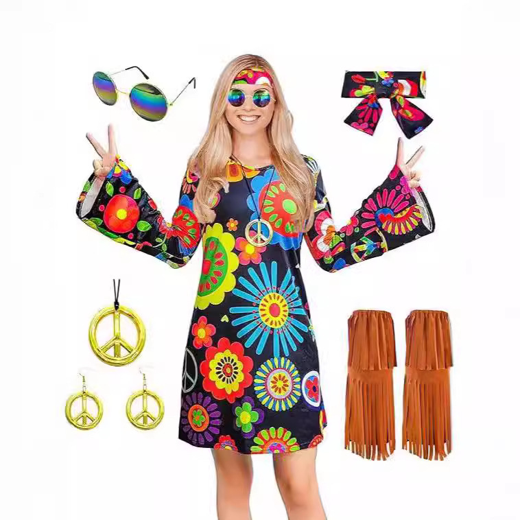 European and American Fashion Hippie 70s Costume Carnaval Party Halloween Women Disco Dress for Girls