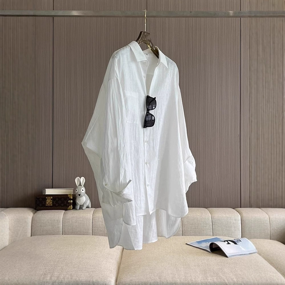 Рубашка в ленивом стиле, льняной слегка прозрачный топ из хлопка и льна, повседневная тонкая солнцезащитная рубашка, женская летняя белая свободная куртка, сезон