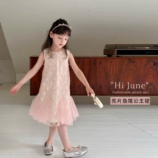艾摩贝贝女童公主亮片鱼尾背心纱裙儿童夏季裙子气质无袖连衣裙