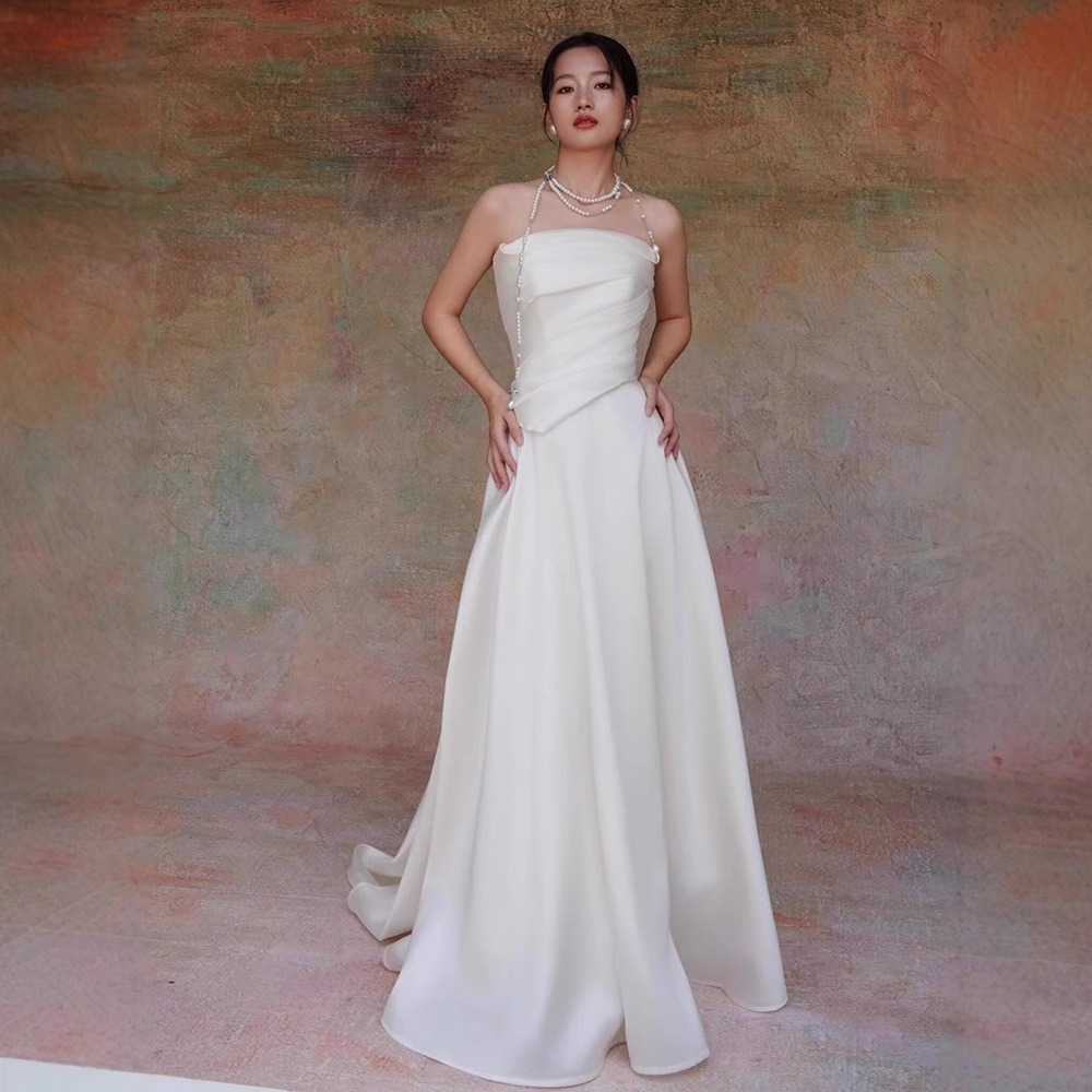 French Satin Light Wedding Dress High-end Niche Strapless Mori Style White Small Trailing Welcome Dress Bride's Out-of-house Yarn
