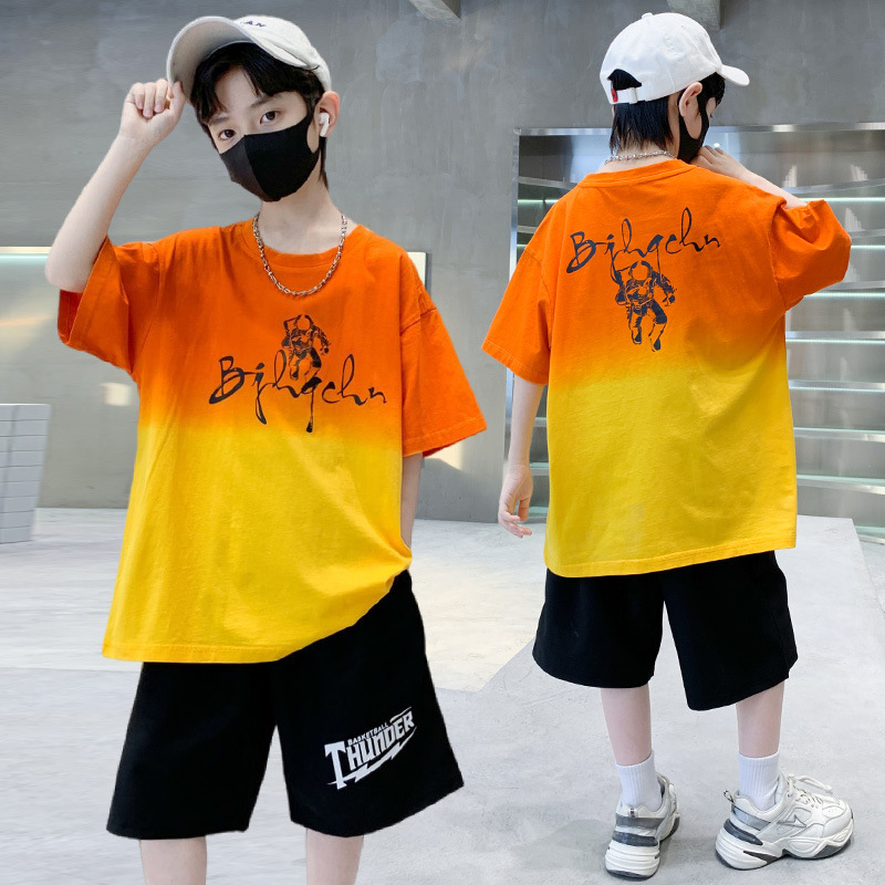 2023 Summer New Children's Wear Boys' Casual Colorful Hanging Dyed Letter T-shirt Middle Pants Set, Two Piece Set for_voghion.com