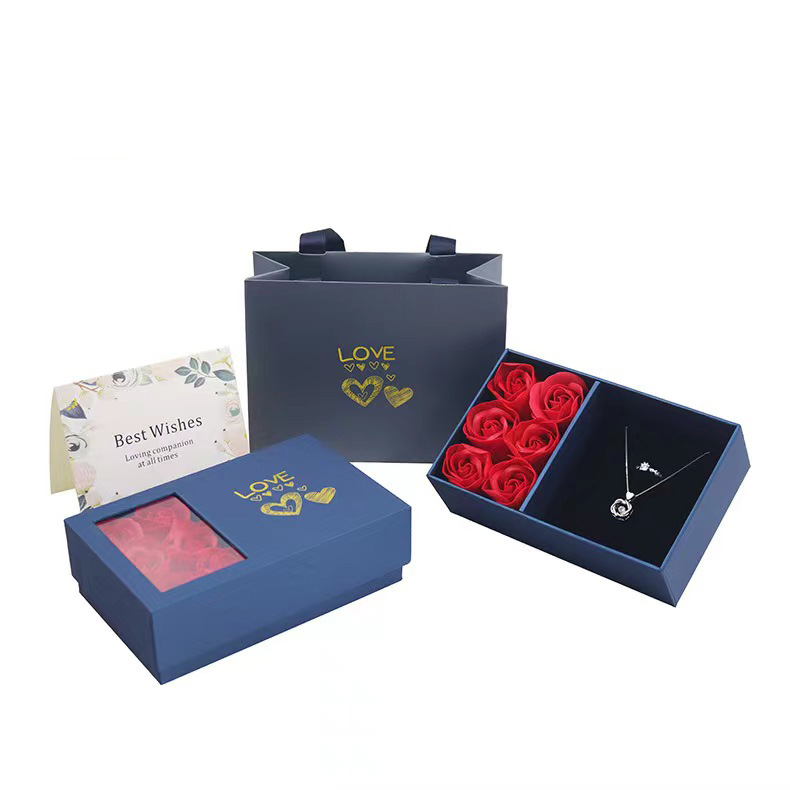 七夕6朵玫瑰花首飾盒 情人節天地蓋戒指項鍊珠寶禮品盒飾品包裝