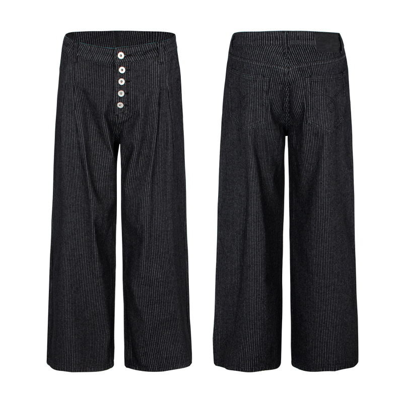 Striped Black Jeans with Button Design on the Placket, Loose Straight-Leg Wide-Leg Pants for Men and Women, Direct Sales from the Manufacturer