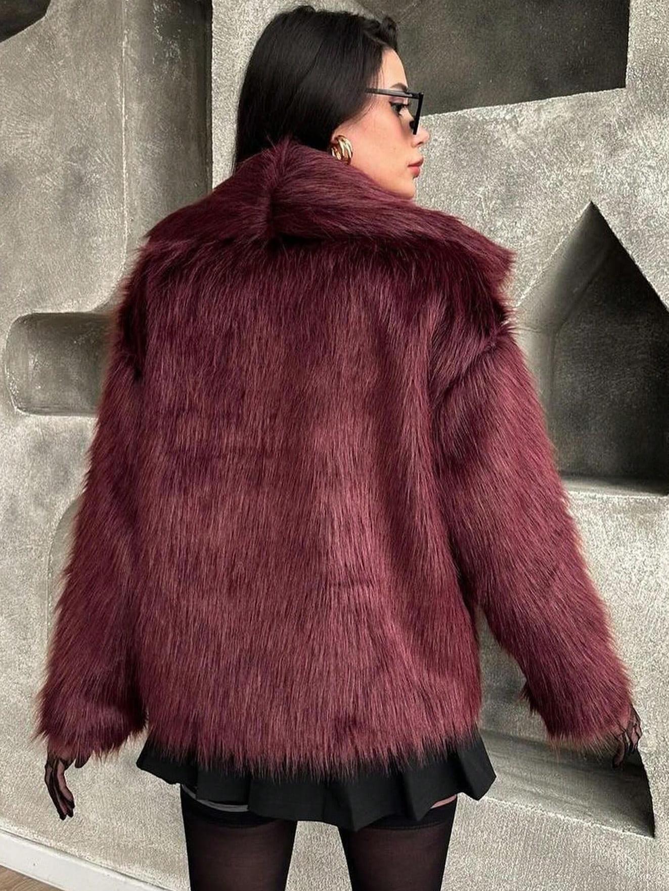 1743g Weight Faux Fur Coat Outerwear Type Long Sleeve Sleeve Length Polyester Fabric Type Regular Top Length Coat Tops Type Daily Occasion Turndown Neckline Loose Fit Type Solid Color Pattern Winter, Spring, Autumn Season Women's Gender Elegant Style Wine Red Color Women's Elegant Solid Color Coat Faux Fur Coat 1