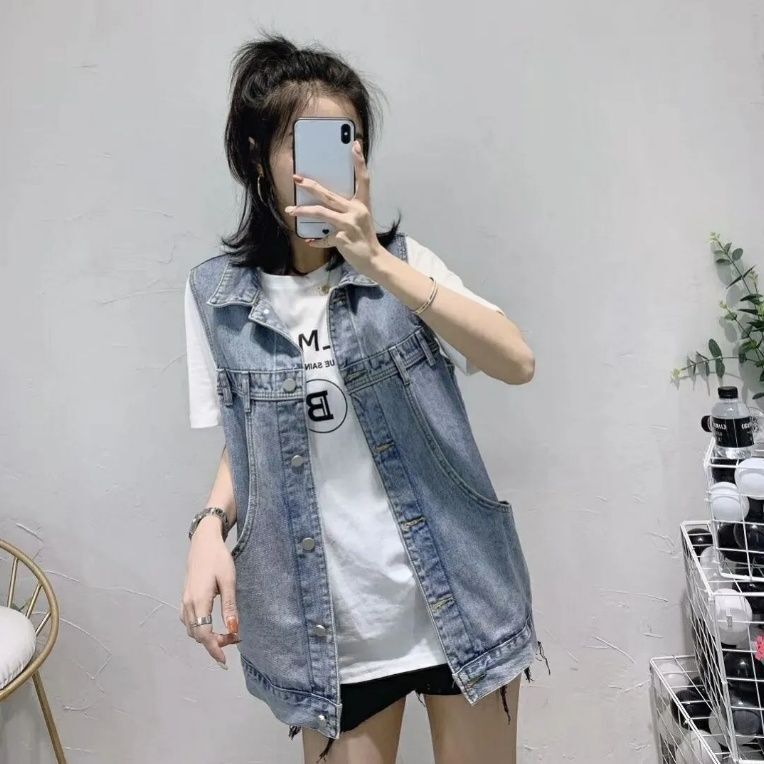 复古时尚春秋新款牛仔马甲女时髦洋气做旧短款背心无袖坎肩外套|undefined