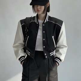 新款 pU撞色棉布棒球服外套 3477-1款