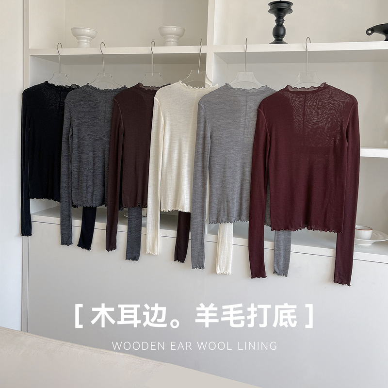 Ruffled Long-Sleeve Shirt for Women, 2026 Autumn and Winter New Style, Slim-Fit Wool Slightly Sheer Base Shirt, Soft and Thin Inner Wear Top Ruffled Long-Sleeve Shirt for Women, 2026 Autumn and Winter New Style, Slim-Fit Wool Slightly Sheer Base Shirt, Soft and Thin Inner Wear Top