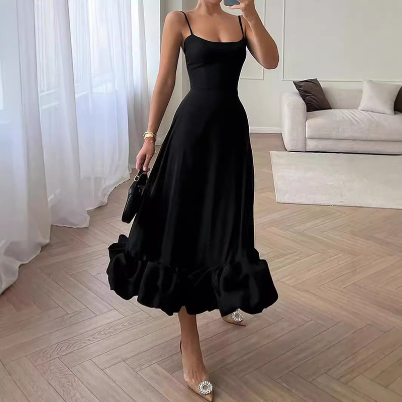 Amazon Cross Border Women's Fashion Long Dress Sexy Strap Prom Evening Dress Bubble Large Skirt Solid Color dress