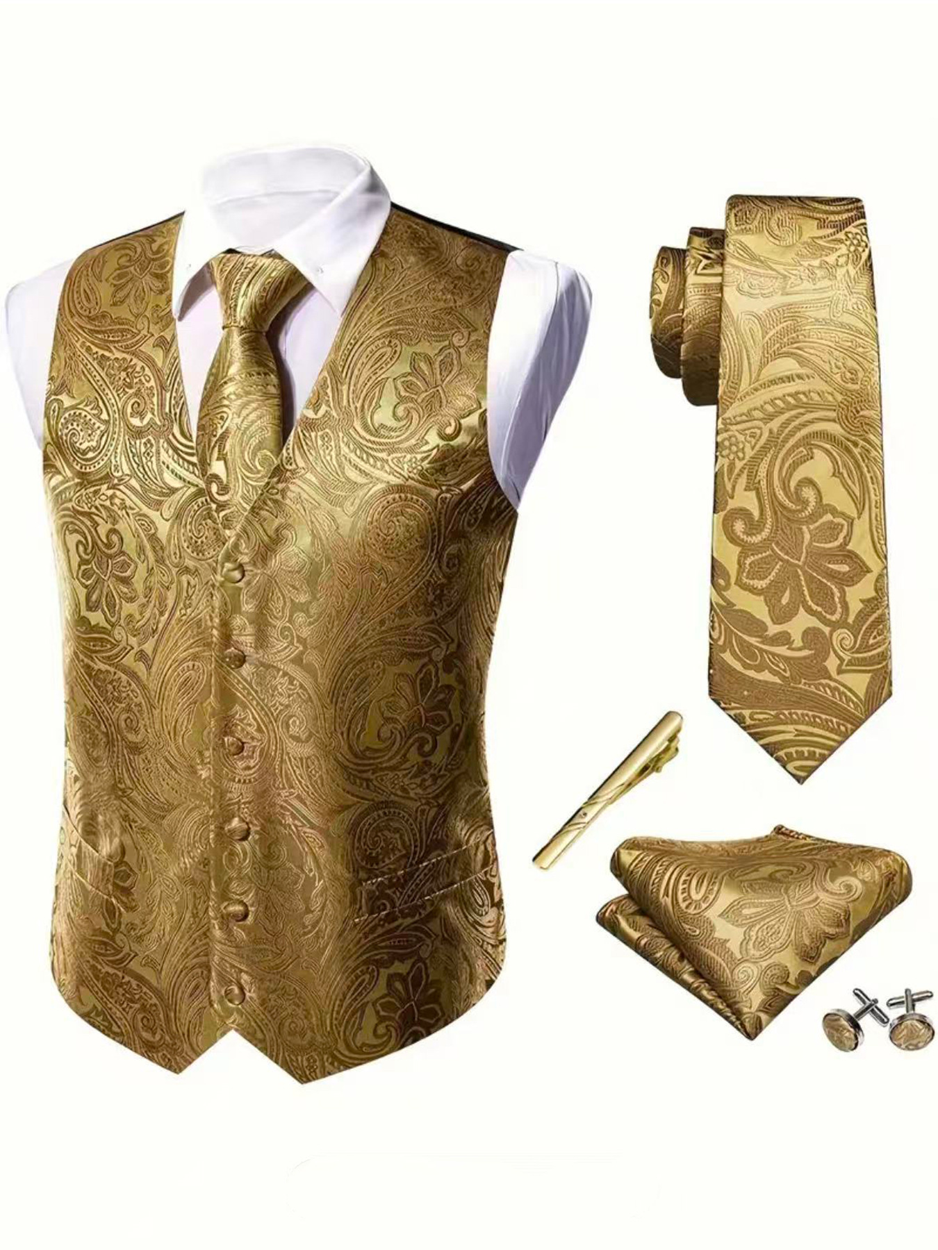Herrväst paisley mönstrad set med slips och bröstnäsduk_voghion.com