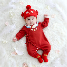 0-3个月婴儿服装百日宴女宝宝小公主衣服秋季外穿幼儿红色连体衣