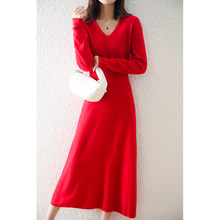 纯色A字中长裙羊毛纯色套头高腰职业红色中式气质通勤针织连衣裙