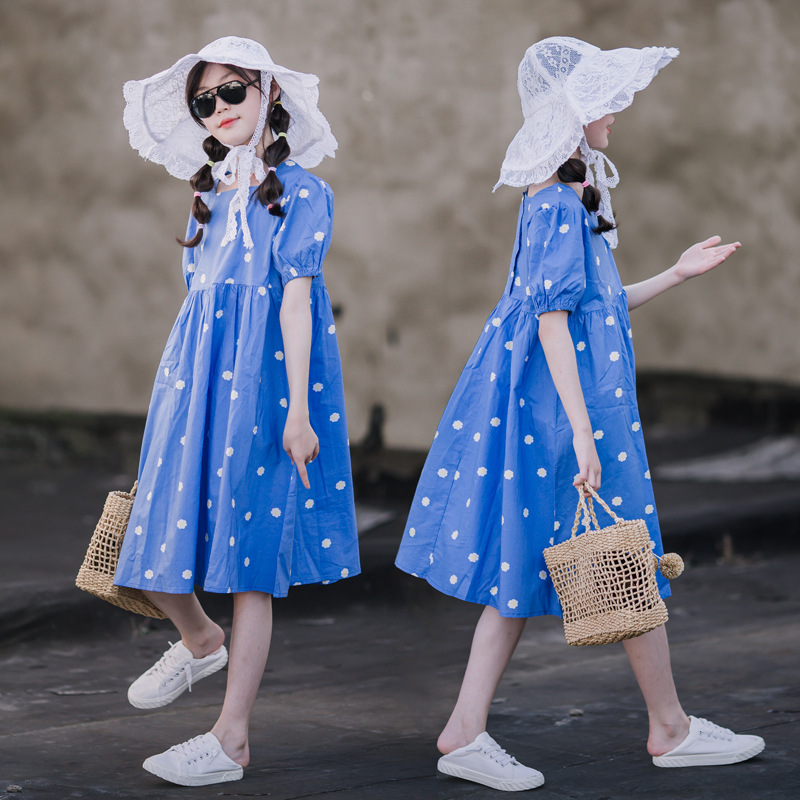 Niñas vestido de verano nuevo vestido de los niños puro algodón estilo occidental burbuja manga princesa vestido niña falda floral