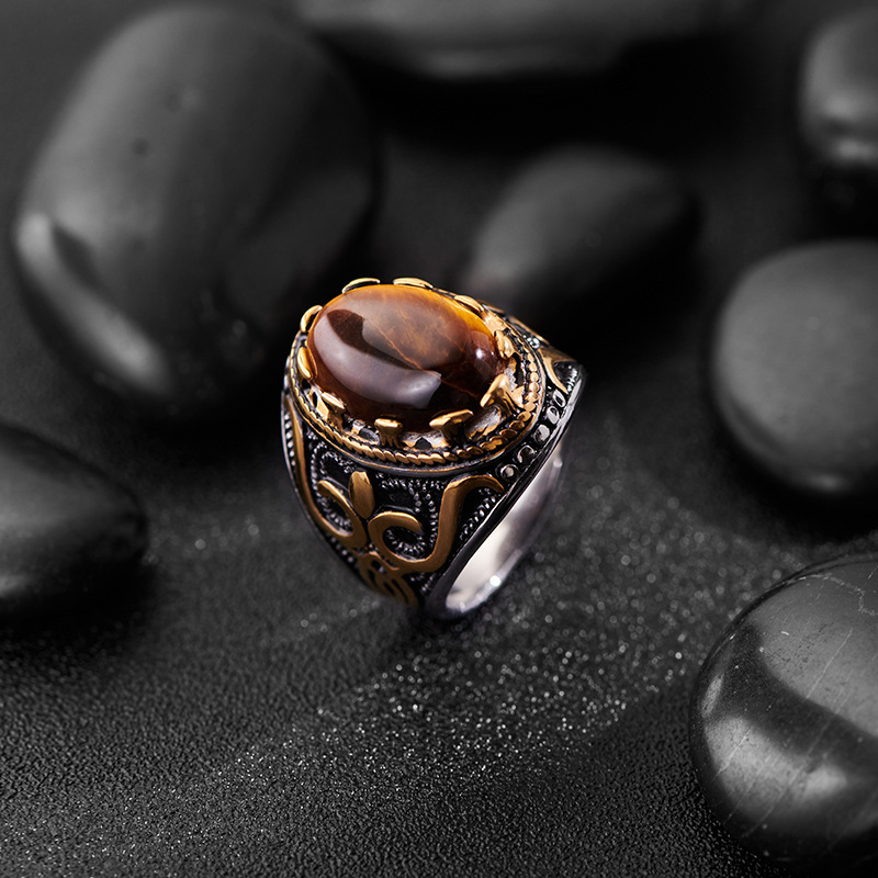 TEMU SHEIN new tiger eye stone ring fashion domineering retro jewelry men's zinc alloy ring