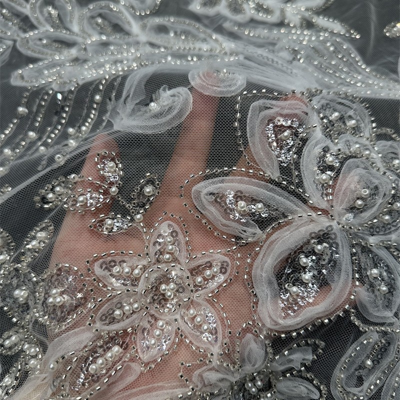 Tejido bordado de tubo de perlas, bordado tridimensional, vestido de boda, fabricantes de tejido de moda, suministro de stock