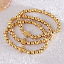 欧美跨境新款轻奢百搭不锈钢十字架手链金色圆珠叠戴手串女士手饰