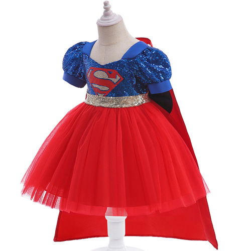 Cosplay Marvel Heroes Superman Spliced Dress with Cape Children's Glitter Performance Gown 