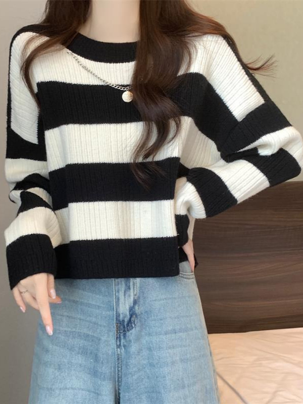 韩系撞色圆领条纹长袖针织衫女秋冬季显瘦宽松套头短款打底衫上衣|undefined