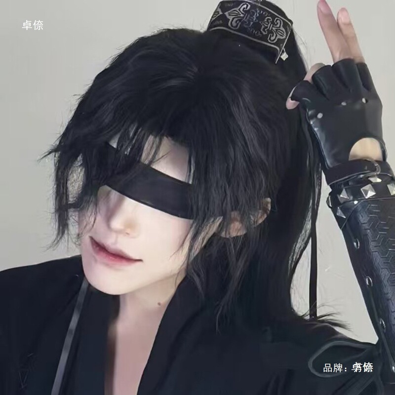 Ancient Style Wig for Men with Long Hair, Ancient Style Cos Fake Wolf Tail for Photo Taking, New Chinoiserie Ponytail Peripheral Tomb Robbing Full Headgear