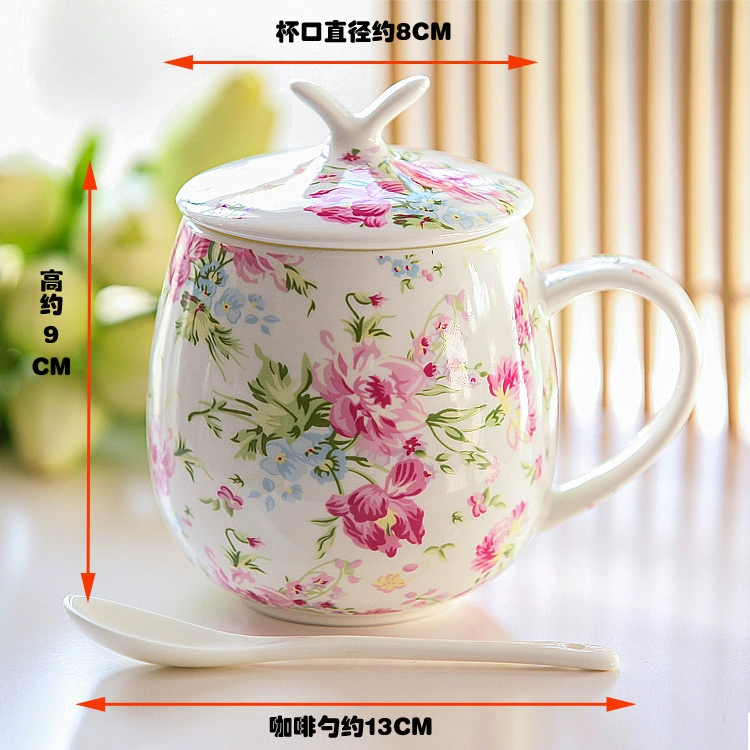 Кружка из костяного фарфора с крышкой и ложкой, большая вместимость, цветочные рисунки (Earth Cup)