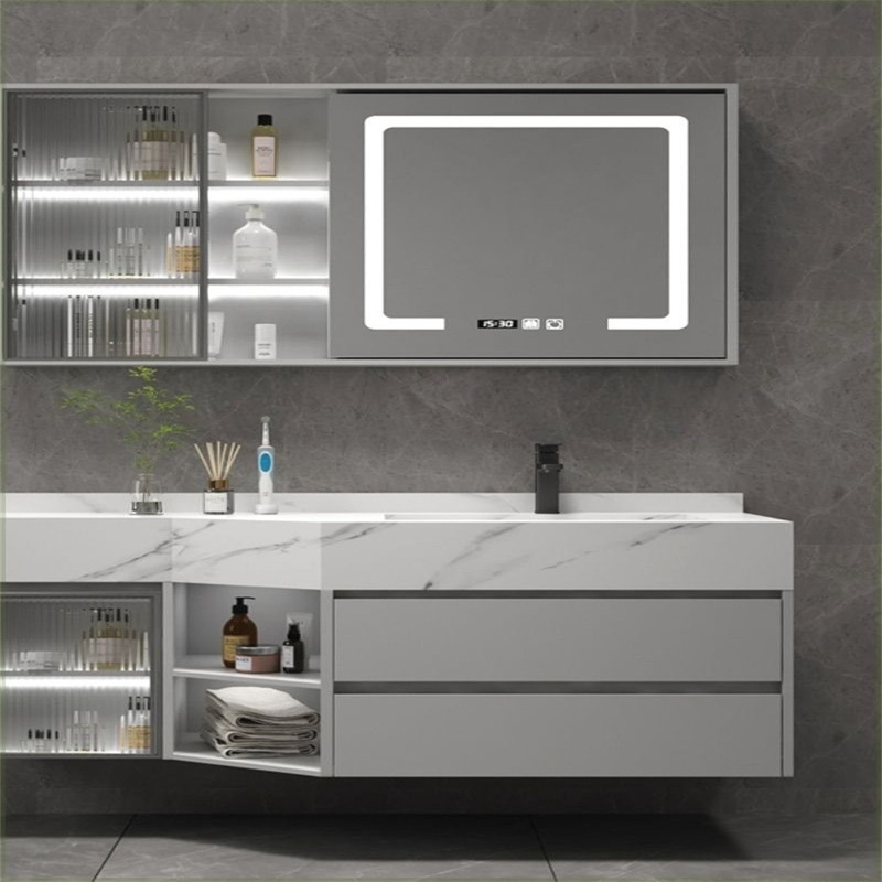 Angled Stone Slab Bathroom Cabinet with Narrow Sink, Processed with Beveled Edges, Seamless Integrated Basin, Honeycomb Aluminum Washbasin Cabinet