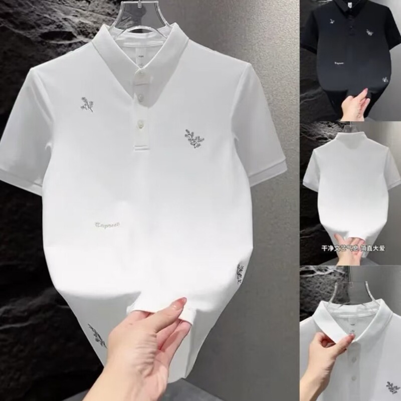 Summer New National Trend Floral Embroider Casual Lapel Polo Shirt Men's High-End Breathable Accessible Luxury Half-Sleeved Top