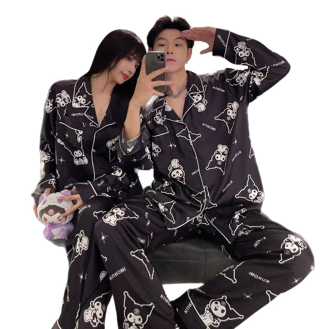 Japón Koolomi hielo pareja pijama mujer primavera y otoño manga larga hombre simulación seda set de ropa de casa verano